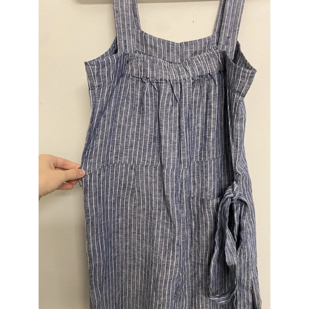 NWT Quince 100% European Linen Square Neck Jumpsuit Sz S Blue Chambray Stripe